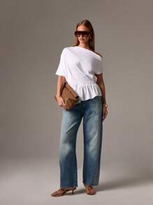 AiiRZ Off Shoulder Draped T-Shirt With Elastic Waist Detail Asymmetric Neckline Casual Summer Loose Fit Minimalist Basic Everyday Fashion Statement Top