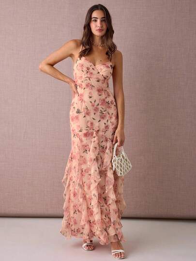 Enchnt Fall/Winter Romantic Women's Elegant Pink Floral Print Patchwork Ruffle Hem Fitted Elegant Camisole Long Dress,Sweet&Elegant For Vacation&Date&Holiday&Party&Graduation&Wedding Guest&Beach,Prom Dress, ,Elegant Dresses For Party