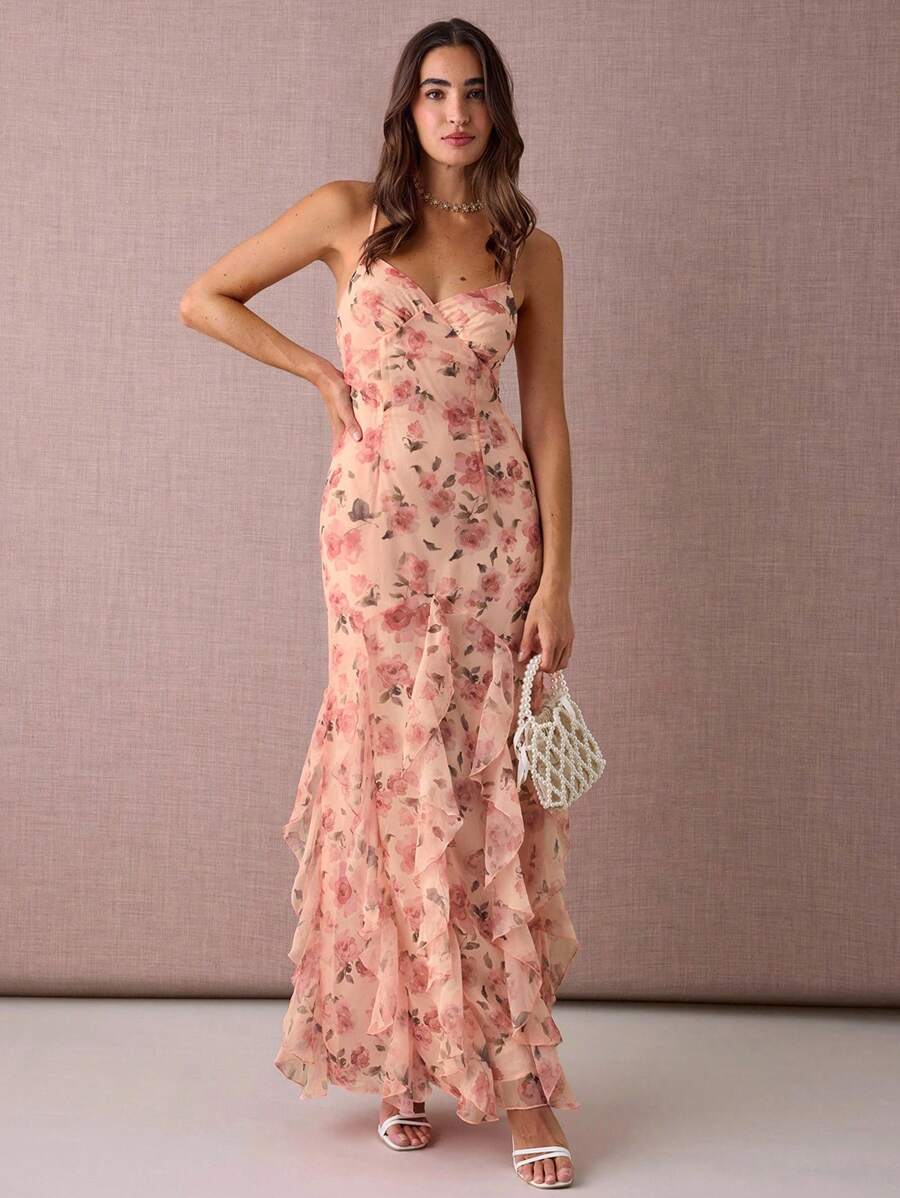 Enchnt 秋冬浪漫女士优雅粉色花卉印花拼布荷叶边下摆修身优雅吊带长裙，甜美优雅，适合度假、约会、节日、派对、毕业典礼、婚礼宾客和海滩、舞会礼服、优雅派对礼服 - 粉色 - 查看 1