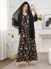 Yasmyna Vestido con estampado floral de encaje y gasa con cuello en V, estilo árabe, con pañuelo para la cabeza, color rosa - Negro - Ver 8