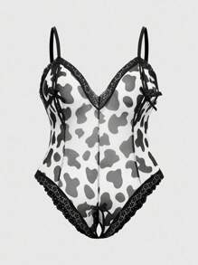 ROMWE Kawaii Đồ lót liền thân ren bướm khoét lỗ họa tiết bò gợi cảm cỡ lớn - Đen và trắng - Xem 1