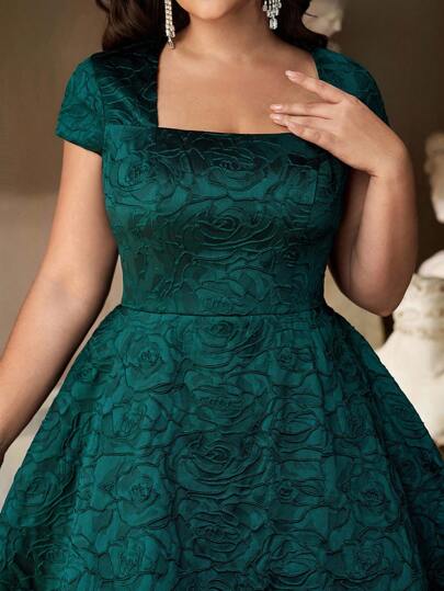 Aureia Vestido de gala formal de línea A con cuello de princesa, mangas abultadas y tejido jacquard de lujo en verde oscuro para tallas grandes