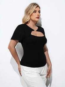 Maija Camiseta de mujer de talla grande de unicolor con diseño calado de manga corta ajustada, camiseta de moda de verano para mujer, vacaciones, playa, casual, salir, bohemia, oficina, festival para rave, Hawái - Negro - Ver 6