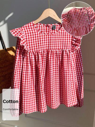 Comfortcana New Autumn Brunch For Women Back To School 2025 Fall Women's Plaid Long Sleeve Round Collar Blouse Red Gingham Top