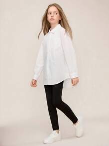 SHEIN 2pcs Tween Girl Clothes.Tween Girl Girl Outfit,School Clothes,White Top And Black Legging,Girls Shirts - Multicolor - View 3