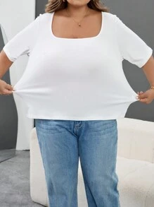 SHEIN CURVE+ 3 قطع/مجموعة تي شيرت نسائي بأكمام قصيرة وياقة مربعة ضيق بلون أحادي، مقاسات كبيرة، ملابس خريف وشتاء - متعدد الألوان - مشاهدة 10