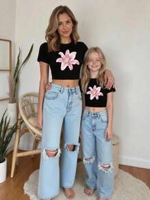 SHEIN Teen Girl Casual Fashion Simple Lily Flower Pattern Print Crop Top - Black - View 4