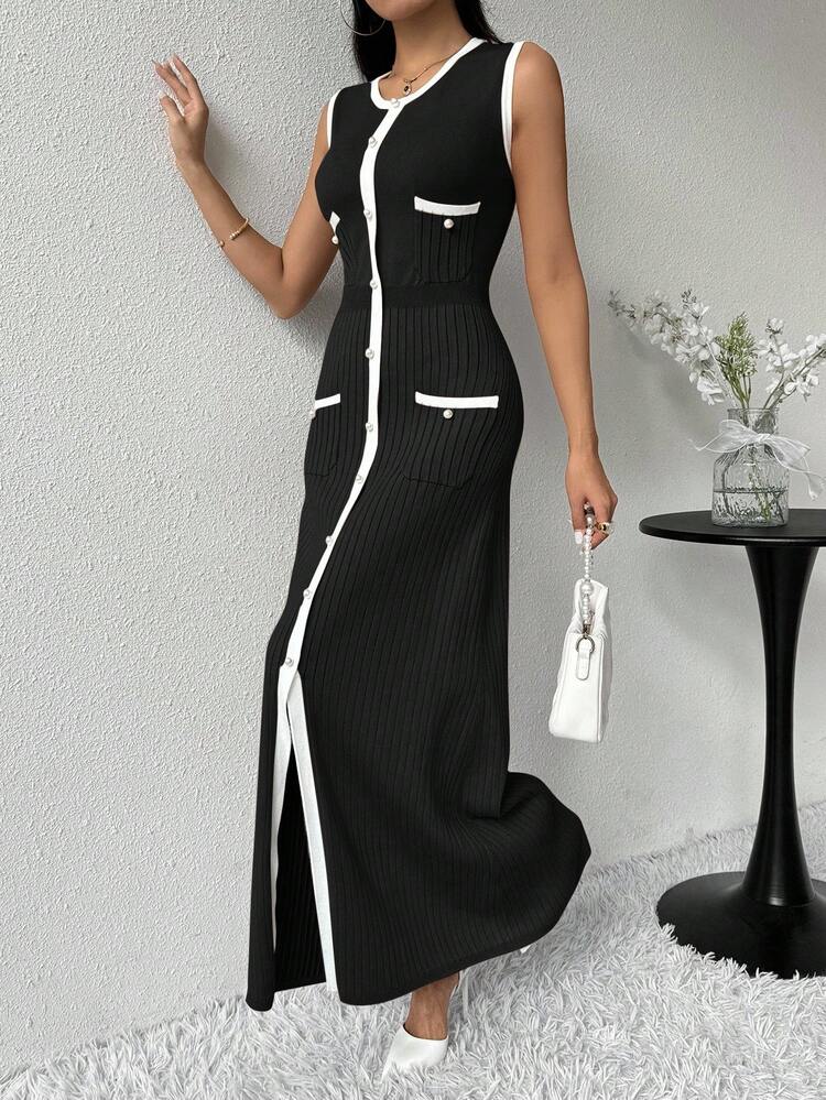 Modelyn Vestido de punto largo con bloque de color y botones delanteros sin mangas para mujer - Blanco y Negro - Añade 1