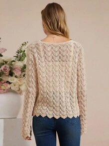 SHEIN Amorya 女士纯色条纹镂空袖轻薄棉质针织开衫，防晒外套，女士返校服装，音乐会返校节服装，女士办公室服装，教师服装，夜间外出教堂服装，女士早午餐服装，女士生日礼服，女士婚礼宾客礼服，女士秋冬服装 - 卡其色 - 查看 9