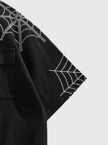 ROMWE MEN Goth Men's Spider Web Embroidered Short Sleeve Single-Breasted Casual Denim Shirt, Halloween - Black - View 4