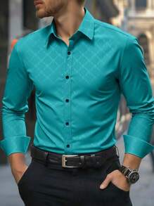 Manfinity Mode 男士纽扣长袖修身商务正装衬衫，长袖男士衬衫，秋季 - 薄荷藍 - 查看 3