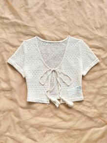 Soleia Tassel Tie Front Open Knit Top - Beige - View 3