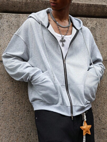 Manfinity EMRG 男士休闲前拉链落肩抽绳连帽衫 男士拉链连帽衫 灰色连帽衫 男士休闲连帽衫 拉链连帽衫 男士运动衫 连帽衫 灰色拉链连帽衫 男士拉链连帽衫 男士街头风连帽衫 男士科技风连帽衫