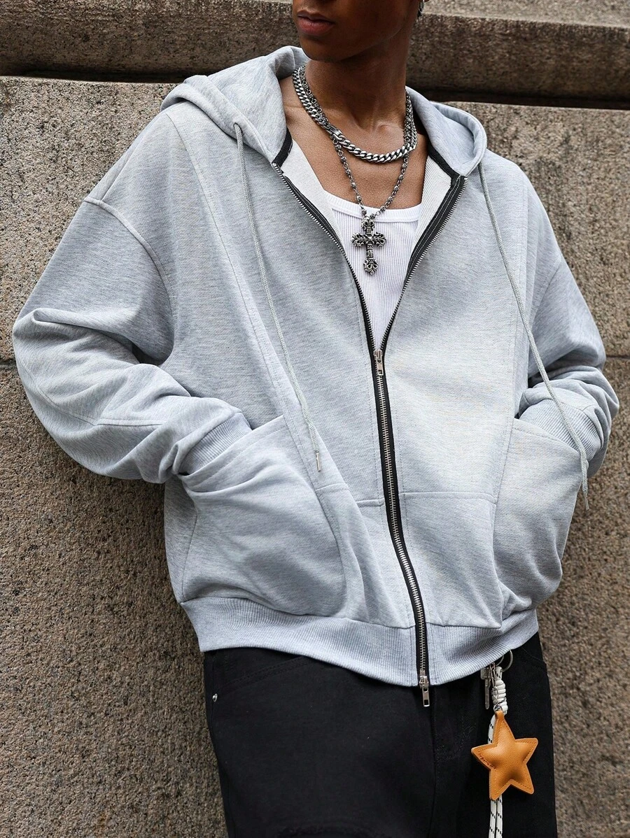 Manfinity EMRG 男士休闲前拉链落肩抽绳连帽衫 男士拉链连帽衫 灰色连帽衫 男士休闲连帽衫 拉链连帽衫 男士运动衫 连帽衫 灰色拉链连帽衫 男士拉链连帽衫 男士街头风连帽衫 男士科技风连帽衫 - 灰色 - 查看 1