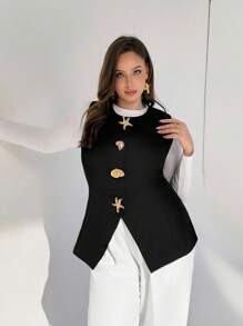 Auralis 大码女式圆领短袖简约通勤办公上衣，金属饰边，适合办公室穿着，也可作为办公配饰、教师上衣、可爱上衣、外出上衣、商务休闲女装、办公室/教师商务休闲春夏款。 - 黑色 - 查看 8