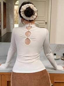 DAZY Women's Lace Patchwork Hollow Out Turtleneck Long Sleeve T-Shirt, Sexy Slim Fit Layering Top For Autumn & Winter,Fall Women Clothes - Beige - View 3