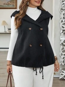 SHEIN CURVE+ 大码休闲双排扣连帽无袖牛仔夹克 - 黑色 - 查看 3