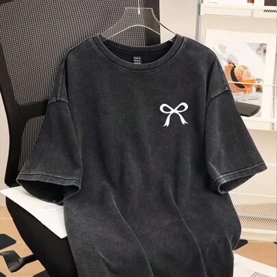 플러스플러스 사이즈 여성용 블랙 니트 눈송이 프린트 해외 티셔츠, 여름, 빈티지, 보우 프린트에 적합