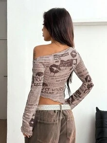 Coolane 女士秋季四季复古街头风报纸图案弹力露肩不对称领口上衣 - 彩色 - 查看 4