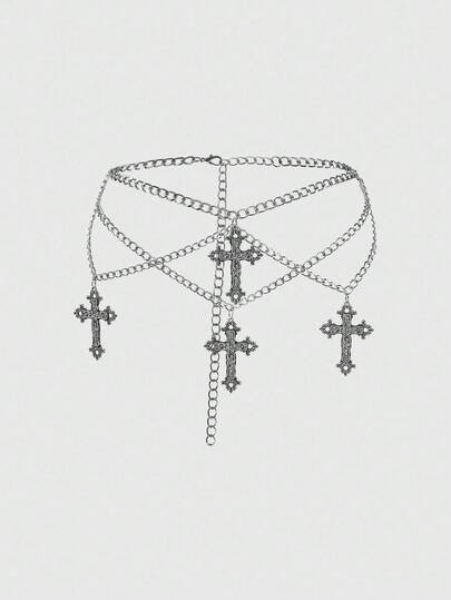 1pc Women's Silver Floral Vine Cross Decor Chain Belt, Gothic Style Versatile Dress Accessory