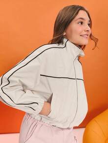 SHEIN 少女宽松杏色飞行员夹克，撞色运动风，秋冬防风外套 - 杏色 - 查看 1