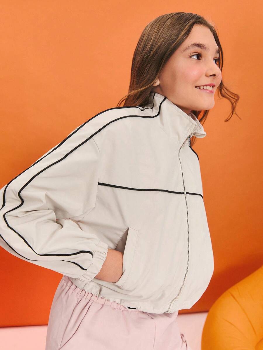 SHEIN 少女宽松杏色飞行员夹克,撞色运动风,秋冬防风外套 - 杏色 - 查看 1