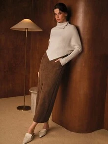 MOTF PREMIUM 不对称下摆高领毛衣 - 杏色 - 查看 7