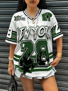 Rovax Damen Lässig V-Ausschnitt Shirt mit Buchstaben- und Zahlenprint, weite Schultern, kurze Ärmel, Sommer