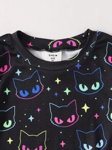 SHEIN 2pcs/Set Young Girls Glowmode Glow-In-The-Dark Cartoon Cat Print T-Shirt Leggings Snug Fit Pajamas Black Summer Fairy Family Matching Sleepwear Set - Black - View 7
