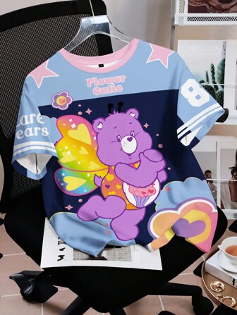 SHEIN X Care Bears 女士卡通图案圆领短袖T恤，夏季