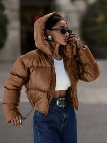 EURMUSE Women's Hooded Long Sleeve Short Padded Coat - Camel - View 5