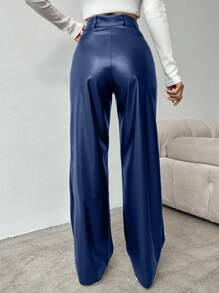 EURMUSE Women's Solid Color High Waist Straight Leg Pants, Suitable For Commuting - Navy Blue - View 2