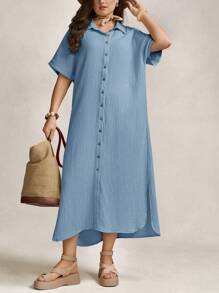 Zelara Mother'S Day Gift Navycore Outfits Apricot Crinkled Buttons Maxi Beach Navycore Dress With Slits Nautical Casual For Women Coastal Nautical Vacation Outfits Dress,Fall Dresses For Women - Baby Blue - View 6