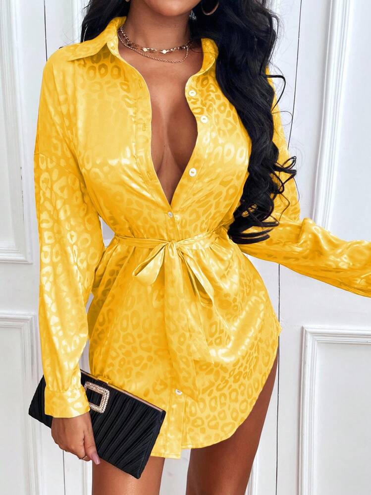 Zolique Fashionable Commuter Leopard Jacquard Long Sleeve Shirt Fall Cloth For Women - Yellow - View 1