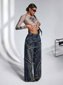 Jeanoix Jeans casuales anchos con diseño de hebilla y dobladillo deshilachado para mujer - Azul - Ver 5