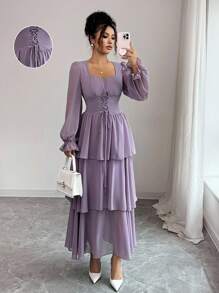Modelyn French Design Tie-Up Cake Dress Fall Cloth For Women - Purple - View 1