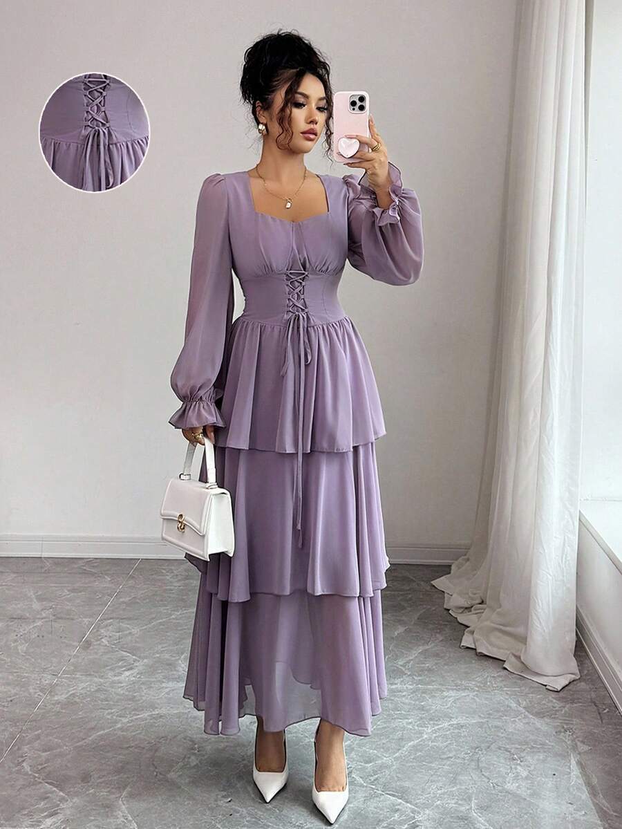 Modelyn French Design Tie-Up Cake Dress Fall Cloth For Women - Purple - View 1