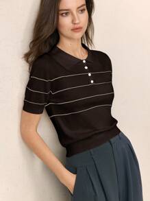 BizChic 2025 秋冬黑色 Polo 领半拉链单排扣撞色纽扣条纹针织毛衣上衣，优雅现代，适合商务、休闲、办公室、约会、派对、婚礼嘉宾、生日、万圣节、圣诞节 - 紫色 - 查看 3