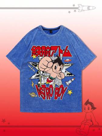 Astro Boy X ROMWE Camiseta de manga corta de verano para hombre con gráficos de figuras de dibujos animados y graffiti en estilo lavado y arrugado