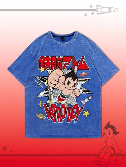 Astro Boy X ROMWE Camiseta de manga corta de verano para hombre con gráficos de figuras de dibujos animados y graffiti en estilo lavado y arrugado