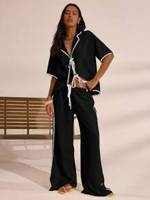 MUSERA Contrast Trim Tie Up Oversized Linen Look Shirt And Trousers Spring Summer Vacation Boho Ibiza Elegant Beach Cute Fall Winter Holiday - Black - View 5
