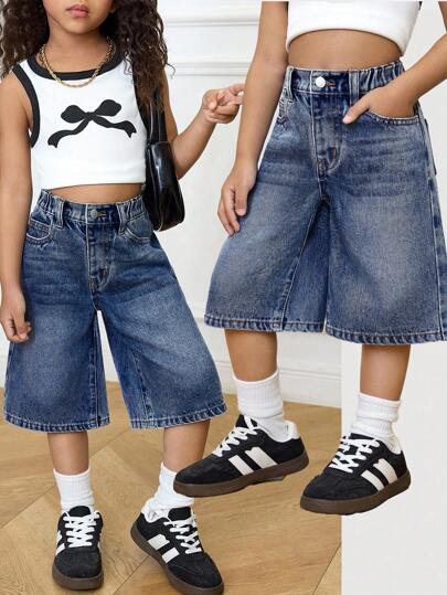 SHEIN Y2K 风格少女基础款宽松蓝色七分牛仔裤，适合春夏休闲度假、乡村波西米亚风、海滩、西部街头风，也适合春假、锐舞音乐节等场合，秋冬季皆宜。