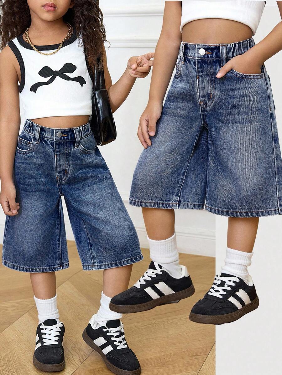 SHEIN Y2K 风格少女基础款宽松蓝色七分牛仔裤，适合春夏休闲度假、乡村波西米亚风、海滩、西部街头风，也适合春假、锐舞音乐节等场合，秋冬季皆宜。 - 深色水洗藍 - 查看 1