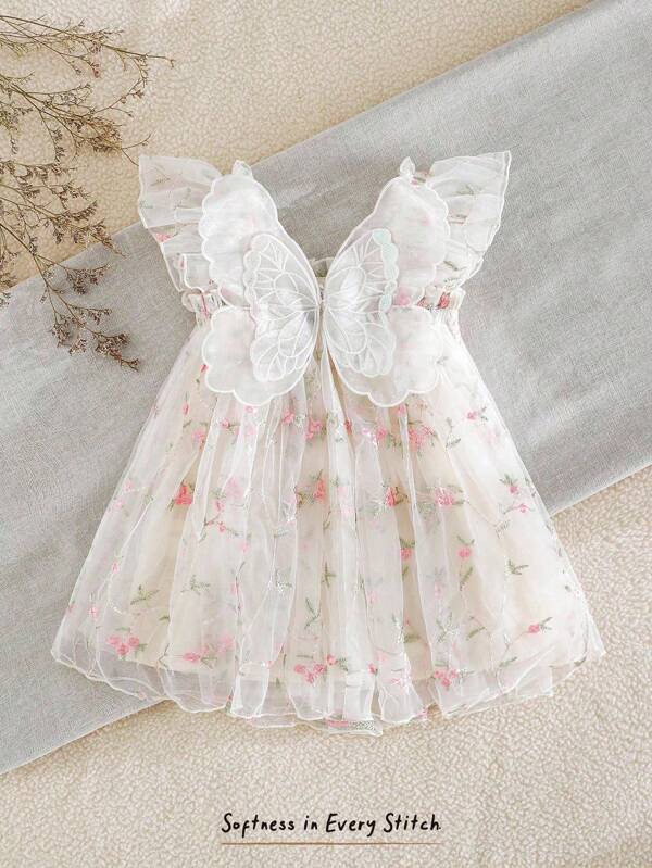 Cozy Pixies Baby Girl Botanical Floral Print Round Neck Ruffle Trim Waist Dress Baby Butterfly Dress Baby Girl Butterfly Dress Fairy Baby Dress Baby Girl Lace Dress Baby Princess Dress
