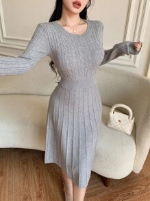 Modelyn 女士休闲通勤纯色扭腰针织连衣裙 - 淺灰色 - 查看 9
