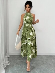 Modelyn Váy chữ A không tay buộc eo in họa tiết tie-dye màu xanh dành cho nữ - Màu xanh Ô liu - Xem 5