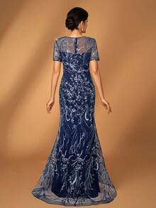 Serin 优雅奢华刺绣蕾丝亮片花卉图案泡泡珍珠透视袖连衣裙，适合婚礼、派对、度假、舞会、晚礼服、新娘母亲 - 藏蓝色 - 查看 2