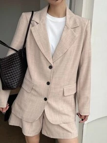 DAZY 女士翻领长袖单排扣西装外套和短裤休闲套装商务装 - 卡其色 - 查看 8