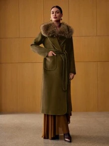 MOTF PREMIUM DETACHABLE FUZZY COLLAR OVERCOAT - Dark Green - View 9