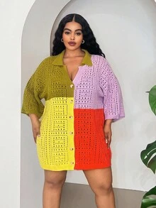 Slaydiva Plus Size Colorful Striped Cardigan With Gradient Hollow-Out Design, Dopamine Inspired Short Sleeve Unisex Top, Summer Crochet Dress Two Piece Set Women Knit Dress Multicolor Crochet Dress 2 Piece Dress